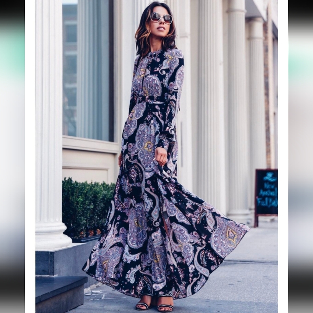 Express Pink and Black Bishop Sleeve Maxi Gown